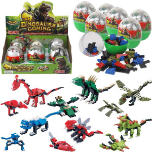 Liberty Imports 6 Pack Dinosaur Figures 3D Building Bricks In Jurassic Eggs - Transforming Dino Blocks Party Favors For Kids