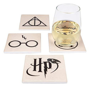 Seven20 Harry Potter coasters, Set of 4 Themed ceramic coaster Set A Protect Tables from Drink cups and glasses A Perfect Harry Potter gifts for Women and Men A White, grey and gold