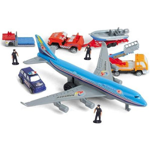 Powertrc Deluxe 57-Piece Kids Airport Playset In Storage Bucket With Toy Airplanes, Play Vehicles, Police Figures, And Accessories