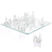 Srenta Fine Glass Chess Set Game, Modern Clear Chess Set, Deluxe Chess Set Glass Chess Board Set With Solid Clear & Frosted Chess Glass Pieces | 9.7�� Crystal Chess Boards Sets, Felt Padding Included