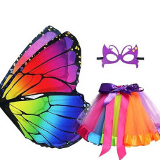 D.Q.Z Kids Fairy Butterfly-Wings Costume For Girls Halloween Butterfly Costumes & Rainbow Tutu Dress Up Party Supplies (Multicolor)