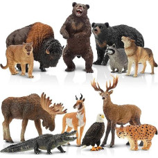 Toymany 12Pcs North American Forest Animal Figurines, Realistic Jungle Animal Figures Set Includes Raccoon,Lynx,Wolf,Bear,Eagle, Educational Toy Cake Toppers Christmas Birthday Gift For Kids Toddlers