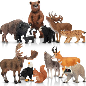 Toymany 12Pcs North American Forest Animal Figurines, Realistic Jungle Animal Figures Set Includes Raccoon,Lynx,Wolf,Bear,Eagle, Educational Toy Cake Toppers Christmas Birthday Gift For Kids Toddlers