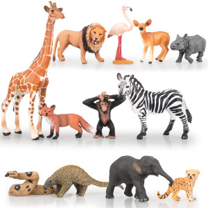 Toymany 12Pcs Realistic Jungle Animals & Zoo Animals Figurines, 2-6 Plastic Safari Animal Figures Set Includes Elephant,Lion,Giraffe,Chimpanzee, Cake Toppers Christmas Birthday Gift For Kids Todllers