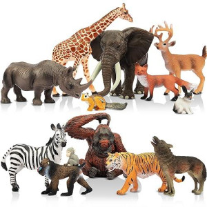 Toymany 12Pcs Realistic Jungle Animal Figurines, 2-6" Forest Animal Figures Set Includes Elephant,Tiger,Giraffe,Deer,Monkey, Educational Toy Cake Toppers Christmas Birthday Toy Gift For Kids Toddlers