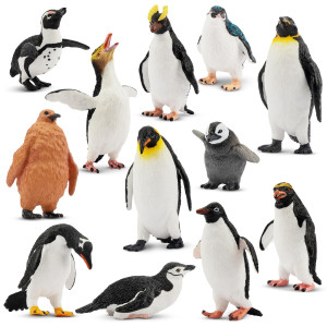 Toymany 12Pcs Realistic Penguin Figurines, Plastic Polar Antarctic Animal Figures Set With Penguin Cub, Easter Eggs Cake Toppers Christmas Birthday Gift For Kids Toddlers