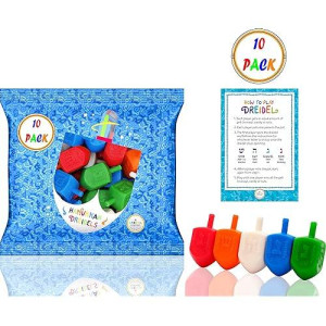 The Dreidel Company 10 Bulk Pack Multi-Color Plastic Hanukkah Dreidels With English Transliteration - Includes Game Instruction Cards (10-Pack)