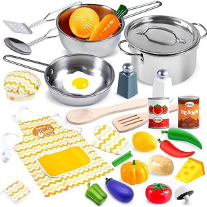 Joyin Kid Play Kitchen, Pretend Daycare Toy Sets, Kids Cooking Supplies With Stainless Steel Cookware Pots And Pans Set, Cooking Utensils, Apron&Chef Hat And Grocery Play Food Sets, Toddler Gifts