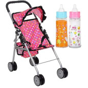 Fash N Kolor - My First Baby Doll Stroller - Pink Polka Dot Doll Stroller With Basket- Soft Grib Handle. Foldable With Hood Toy Doll Pram Baby Doll Accessories. With 2 Free Bonus Doll Bottles Included