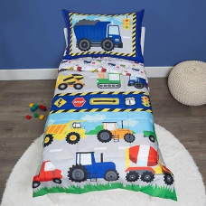 Baby Boom Funhouse Construction Area 4 Piece Toddler Bedding Set, Trucks - Includes Comforter, Sheet Set - Fitted + Top Sheet + Reversible Pillowcase For Boys Bed, Blue
