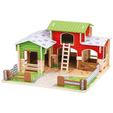 Bigjigs Toys Wooden Cobblestone Farm With Working Gates, A Stable, Hay Loft