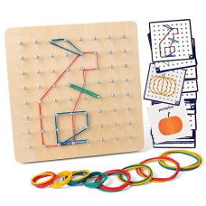 Coogam Wooden Geoboard Mathematical Manipulative Material Array Block Geo Board - Graphical Educational Toys With 30Pcs Pattern Cards And Latex Bands Shape Stem Puzzle Matrix 8X8 Brain Teaser For Kid