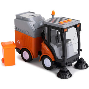 Toy To Enjoy Street Sweeper Truck With Light & Sound Effects - Friction Powered Wheels, Removable Garbage Can & Rotating Brushes - Heavy Duty Plastic Cleaning Vehicle Toy For Kids & Children