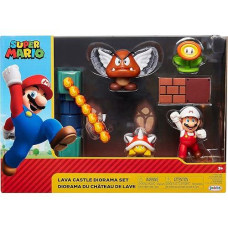 Nintendo Super Mario Lava Castle 2.5" Figure Diorama Play Set, Includes: Fire Mario, Spiny, & Para Goomba, Mechanical Spinning Fireballs, Block & Fire Flower