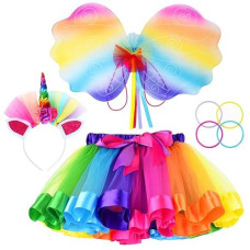 Cocojeci Little Girls Layered Rainbow Tutu Skirts With Wings Unicorn Headband And Bracelets (Rainbow+Wing, L)
