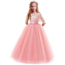 Flower Girl Long Princess Dress Vintage Lace Maxi Gown Kids Formal Wedding Bridesmaid Pageant Tulle Dresses Little Big Girls Elegant Bowknot Dance First Communion Birthday Prom Dresses Pink 2-3Y