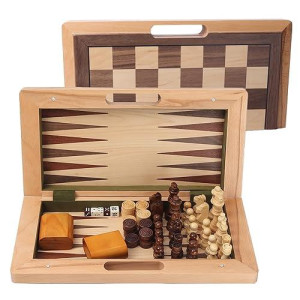 Gse 16" Deluxe 3-In-1 Wooden Folding Chess, Checker And Backgammon Board Game Combo Set, Portable Travel Chess Checker Backgammon Set For Kids & Adults