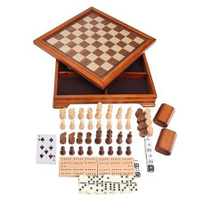 Gse Wooden 7-In-1 Board Game Set - Chess, Checkers, Backgammon, Dominoes, Cribbage Board, Playing Card & Poker Dice Game Combo Set (Deluxe)