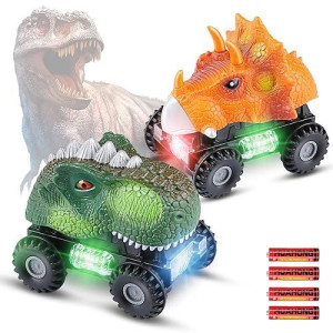 Dinosaur Cars, Dinosaur Toys for Kids 3-5 with LED Light & Sound , Dino Toddler Toys for 3+ Year Old Boys Girls Birthday Gifts ,Automatically Change Direction Dinosaur Truck Toys (Orange & Green)