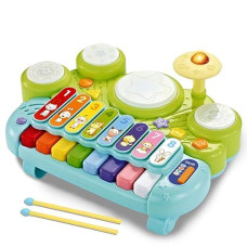 Fisca 3 In 1 Musical Instruments Toys, Electronic Piano Keyboard Xylophone Drum Set - Learning Toys With Lights For Baby & Toddler 1 2 3 Year Old Boys And Girls