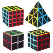 Roxenda Speed Cube Set, Speed Cube Bundle Of 2X2 3X3 4X4 And Pyramid Cube Smoothly Magic Cubes Collection For Kids Teens & Adults [4 Pack] (Carbon Fiber)