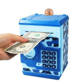 Suliper Electronic Piggy Bank Code Lock For Kids Baby Toy, Mini Atm Safe Coin Cash Banks Real Money Saving Box With Password, Auto Money Scroll For Children,Boys Girls Birthday Gift (Camouflage Blue)