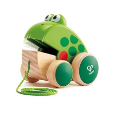 Hape Frog Pull-Along | Wooden Frog Fly Eating Pull Toddler Toy, 4.6 X 3.3 X 3.8 Inches, Green