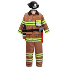 Yolsun Tan Fireman Costume For Kids, Boys' And Girls' Firefighter Dress Up (7 Pcs) 6-7 Years