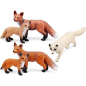 Fox Toy Figures Set Includes Arctic Fox & Red Foxes Figurines Cake Toppers (5 Foxes)