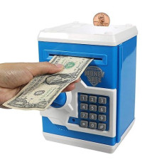Suliper Electronic Piggy Bank Code Lock For Kids Baby Toy, Mini Atm Safe Coin Cash Banks Real Money Saving Box With Password, Auto Money Scroll For Children,Boys Girls Birthday Gift (Blue/White)