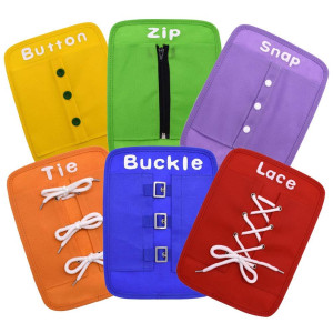 Yiisun Busy Board Early Learning Basic Life Skills Learn To Dress Boards-Button,Zip,Lace,Buckle,Tie,Snap 6 Pcs/Set