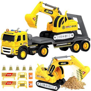 1:12 Scale Push And Go Excavator Flatbed Toy Truck For Kids - With Lights & Sounds