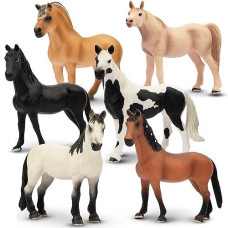 Toymany 6Pcs 5" Realistic Plastic Large Horse Figurines Set, Detailed Textures Foal Pony Animal Toy Figures, Christmas Birthday Gift Decoration For Kids Toddlers Children