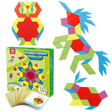 Coogam Wooden Pattern Blocks Set 130Pcs Geometric Color Shape Manipulative Puzzle - Graphical Montessori Tangram Early Learning Educational Toys Brain Teasers Stem Gift For Kids With 24 Design Cards