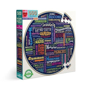 Eeboo: Piece And Love 500 100 Great Words Piece Round Circle Jigsaw Puzzle, Puzzle For Adults And Families, Glossy, Sturdy Pieces And Minimal Puzzle Dust