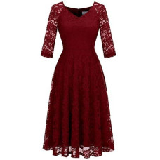 Dressystar Long-Sleeve A-Line Lace Bridesmaid Dress Midi For Wedding Formal Party S Dark Red