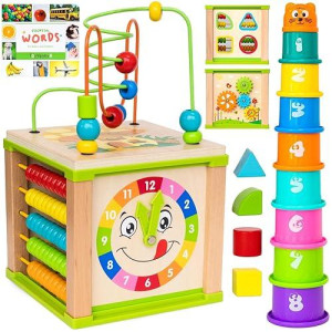 Toyventive Wooden Activity Cube, Montessori Toys, Multipurpose Educational Sensory Toy For 1-2 Year Old Baby, Toddler, Kid, Boy | Birthday Gift | Bonus First Words Book