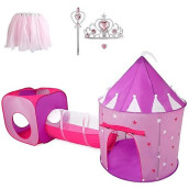 Princess Play Tent Set With Dress Up Tunnel, Castle Playhouse - Glow In The Dark Stars, Birthday Gift For Girls Age 3-7