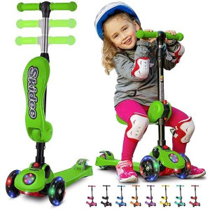 Kick Scooters For Kids Ages 3-5 (Suitable For 2-12 Year Old) Adjustable Height Foldable Scooter Removable Seat, 3 Led Light Wheels, Rear Brake, Wide Standing Board, Outdoor Activities For Boys/Girls