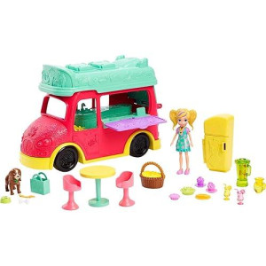 Polly Pocket Playset With 3-Inch Doll, Pet Puppy & Food Accessories, Swirlin' Smoothie Truck Transforming Vehicle Toy