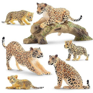 Toymany 4Pcs Realistic Leopards Figurines With Leopard Cub, 2-5 Plastic Jungle Animals Figures Family Playset Includes Baby, Educational Toy Cake Toppers Christmas Birthday Gift For Kids Toddlers