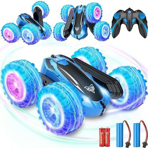 Kkones Remote Control Car,2.4Ghz Electric Race Stunt Car,Double Sided 360? Rolling Rotating Rotation, Led Headlights Rc 4Wd High Speed Off Road For 3 4 5 6 7 8-12 Year Old Boy Toys (Blue)