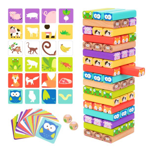Nene Toys 4-In-1 Wooden Tumble Tower Game With Animals & Colors - Family Game For Kids Ages 3-9 - Cognitive Skills Booster Educational Board Game
