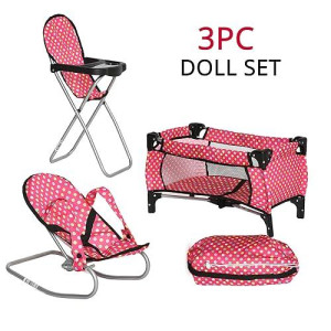 Fash N Kolor 3 Piece Doll Play Set, Includes - 1 Pack N Play. 2 Doll High Chair. 3 Infant Seat, Fits Up To 18'' Doll (3 Piece Set)