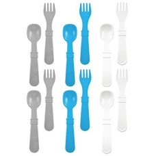 Re-Play Made In Usa Toddler Forks And Spoons, Pack Of 12 Without Carrying Case - 6 Kids Forks With Rounded Tips And 6 Deep Scoop Toddler Spoons - 0.2" Thick Toddler Utensils, Modern Blue