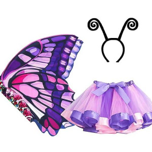 D.Q.Z Kids Fairy Butterfly-Wings Costume For Girls Halloween Butterfly Costumes & Rainbow Tutu Dress Up Party Supplies (Purple-Pink)