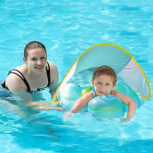 Free Swimming Baby Infant Pool Float With Sun Canopy Inflatable Baby Swimming Floatie With Sponge Safety Bottom Support Water Toys Swim Trainer For Age Of 3-72 Months (Blue, L)
