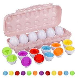 Hhyn Color Shape Matching Eggs For Toddlers, Preschool Learning Educational Sorting Easter Eggs Toys Gift Recognition Skills For Kids Boys Girls With Pink Eggs Holder, 12 Eggs