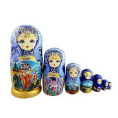 Winterworm Beautiful Blue And Gold Little Girl And Fairy Tale Pattern Handmade Wooden Traditional Russian Nesting Dolls Matryoshka Dolls Set 7 Pieces For Kids Toy Birthday Christmas Decoration