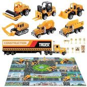 Temi Diecast Engineering Construction Vehicle Toy Set W/Play Mat,Truck Carrier, Forklift, Bulldozer, Excavator,Dump Truck, Alloy Metal Car Toys Set For 3 4 5 6 Years Old Toddlers Kids Boys & Girls